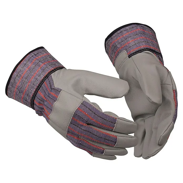 Guide Arbeitshandschuhe 504 HP - Grau/Blau/Rot, 10 - Ein Paar graue Arbeitshandschuhe mit Stoffmuster und Ledereinsätzen. Robuste Handschuhe für sicheres Arbeiten.
