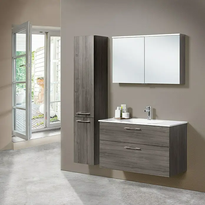 Camargue Aurinia Einbauwaschbecken - 102 x 49 cm, Weiß - Modernes Badezimmer-Interieur mit Waschbeckenunterschrank und Spiegelschrank in Holzoptik, für stilvolle Badgestaltung.