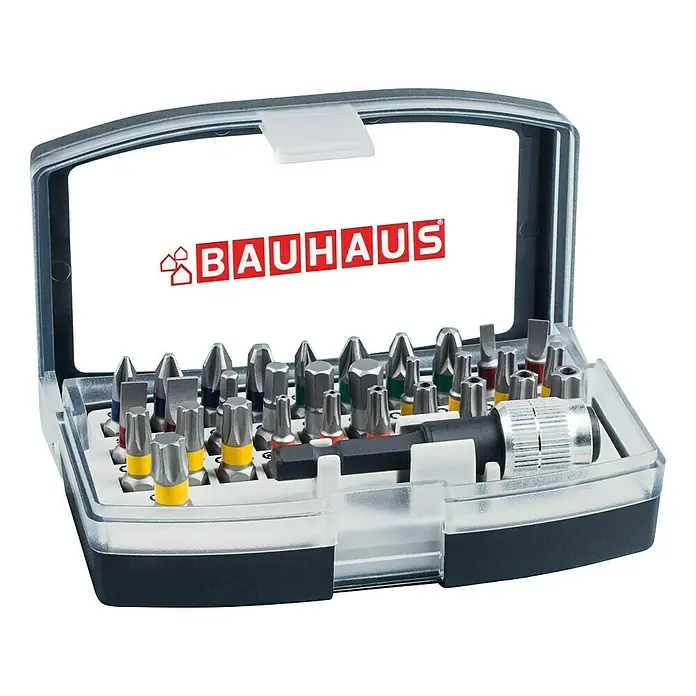 BAUHAUS Bit-Set - 32 -tlg., Bitlänge: 25 mm - Ein Sortiment von Bauhaus Schrauberbits, ordentlich in einem transparenten Kunststoffkoffer mit Logo präsentiert, ideal für vielseitige Schraubarbeiten.