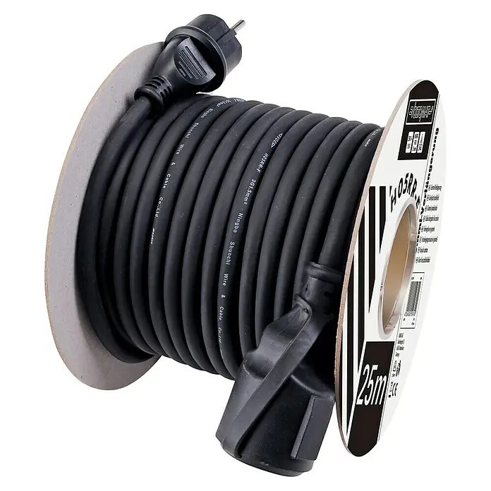 Voltomat Alargo - 25 m, Negro, IP44, H05RR-F - Carrete de cable negro con enchufe y toma Schuko, de 25 metros de longitud, ideal para uso flexible en interiores y exteriores.