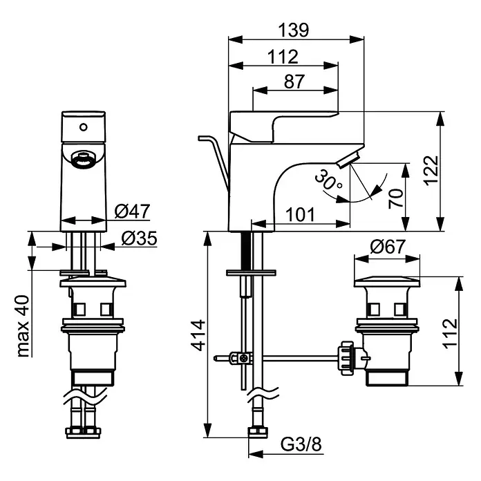 Hansa Waschtischarmatur Pico S - Höhe: 12,2 cm, Chrom, Glänzend - Technische Zeichnung einer Armatur mit Bemaßungen für Installation und Design, inklusive Höhen, Durchmesser und Anschlussdetails.