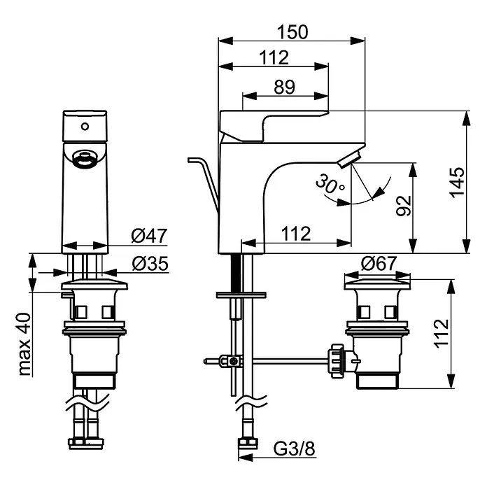 Hansa Waschtischarmatur Pico M - Höhe: 14,5 cm, Chrom, Glänzend - Abbildung eines detaillierten technischen Designs eines Wasserhahns mit Maßangaben, einschließlich Höhe, Durchmesser und Winkel für Installationszwecke.