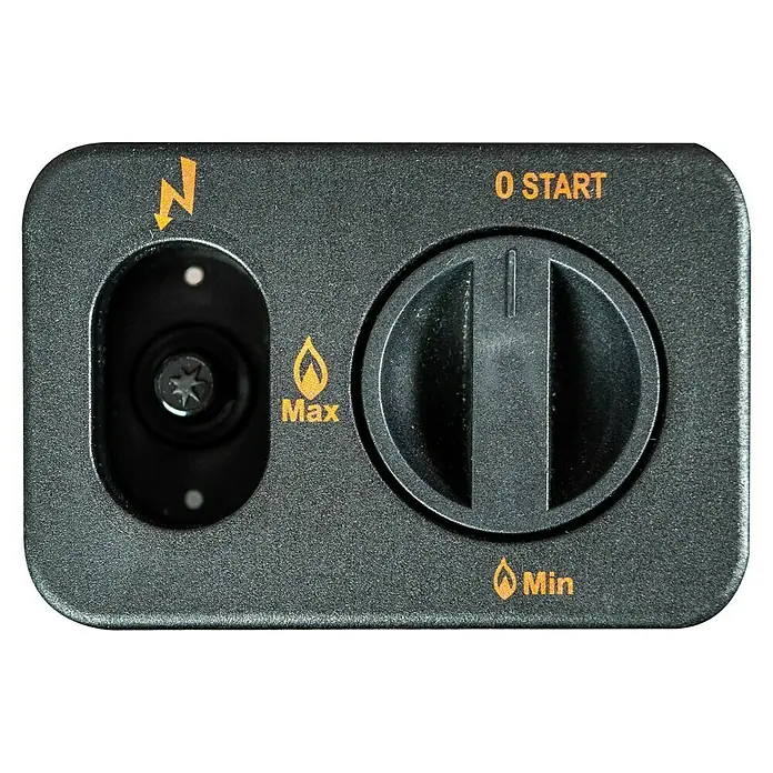 Admiral Gasheizer Blue Belle - 4,2 kW, Piezo-Zündung, Anwendungsbereich: Innen - Nahaufnahme eines schwarzen Bedienfelds mit Zündknopf und Drehknopf zur Regulierung der Gaszufuhr (Min/Max) und Startfunktion.
