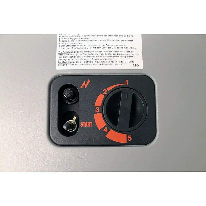 Admiral Gasheizer Blue Belle - Thermostat, 2,5 kW - 4,2 kW, Piezo-Zündung, Anwendungsbereich: Innen - Bedienfeld eines Heizgeräts mit Drehknopf von 1 bis 5, Startknopf und Anweisungen.