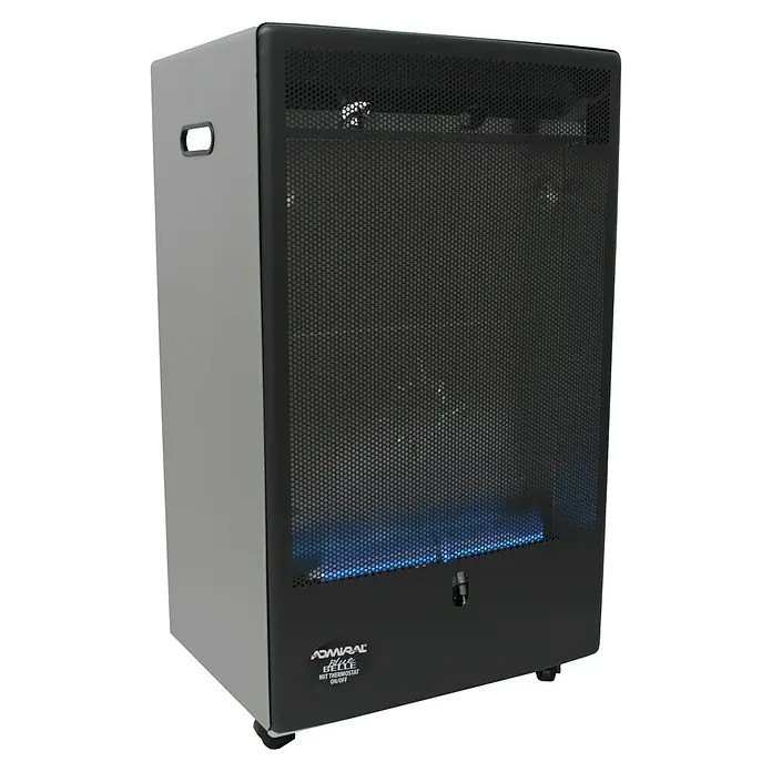 Admiral Gasheizer Blue Belle - On/Off-Spar-Thermostat, 4,2 kW, Piezo-Zündung - Hier ist ein Admiral Blue Belle Gasofen. Er ist grau und schwarz, mit einem Gitter und einer blauen Flamme im Inneren.