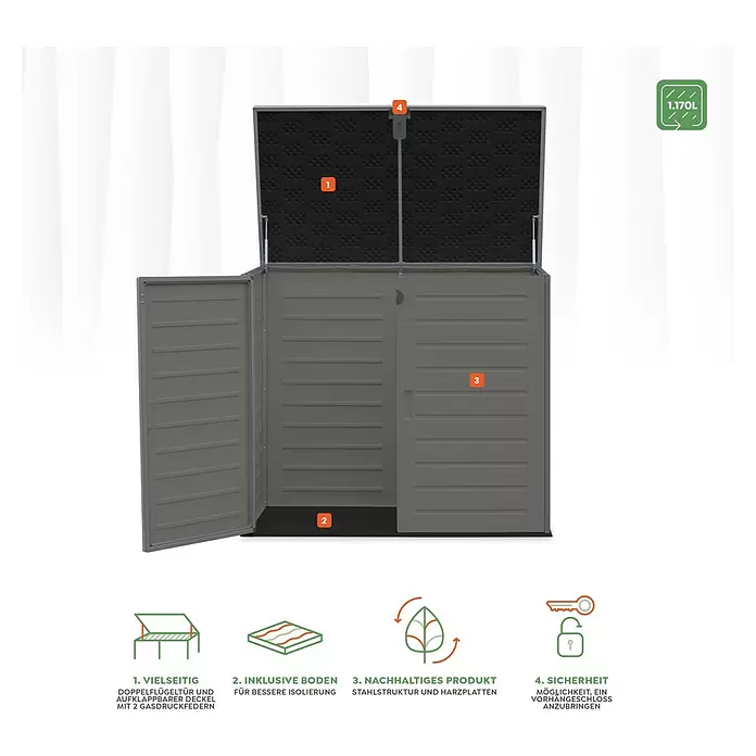Truhe The Space Plus - L x B x H: 140 x 82 x 124 cm, Anthrazit/Schwarz - Grauer Kunststoff-Gartenschrank mit offenen Doppeltüren und aufklappbarem Deckel, der sein geräumiges Inneres zeigt. Der Schrank hat eine Stahlstruktur.