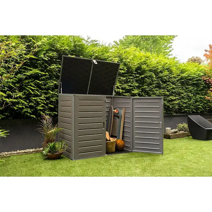 Truhe The Space Plus - L x B x H: 140 x 82 x 124 cm, Anthrazit/Schwarz - Die graue Gartenbox bietet viel Stauraum für Gartengeräte und Spielzeug und hält alles ordentlich im Freien.