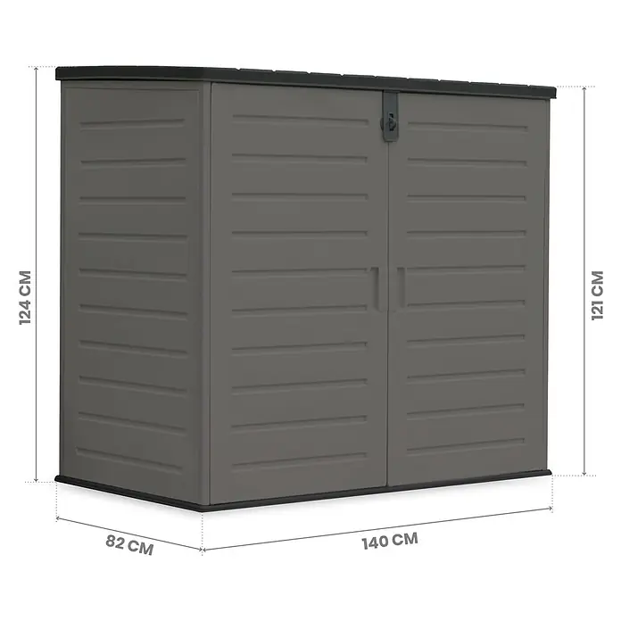 Truhe The Space Plus - L x B x H: 140 x 82 x 124 cm, Anthrazit/Schwarz - Abbildung eines grauen, abschließbaren Gartenschranks mit den Maßen 140 x 82 x 124 cm, ideal für die Aufbewahrung von Gartengeräten und -zubehör.