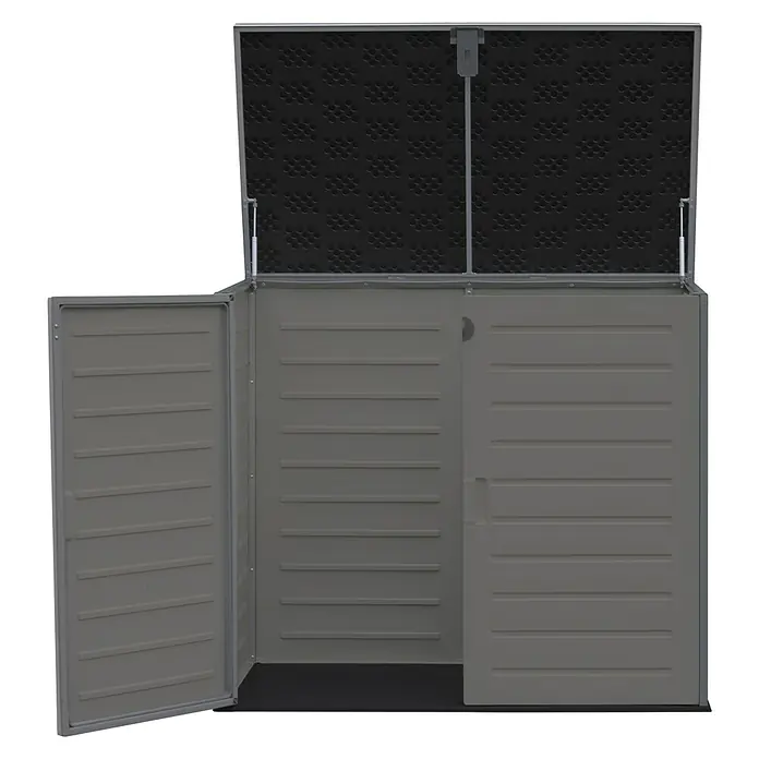 Truhe The Space Plus - L x B x H: 140 x 82 x 124 cm, Anthrazit/Schwarz - Abbildung eines geöffneten grauen Gerätehauses, das viel Stauraum bietet und sich ideal für Gärten und Terrassen eignet.