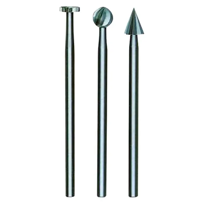 Proxxon Feinfräser-Set No 28720 - 3 -tlg., Wolfram-Vanadium Stahl - Nahaufnahme von drei metallischen Gravurstiften mit verschiedenen Spitzenformen für Präzisionsarbeiten.