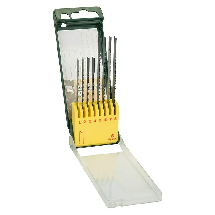 Bosch Juego de hojas de sierra de calar - Madera / metal, 8 pzs., Vástago en U - Un paquete de ocho hojas de sierra de calar en un estuche amarillo, adecuadas para cortar diversos materiales.