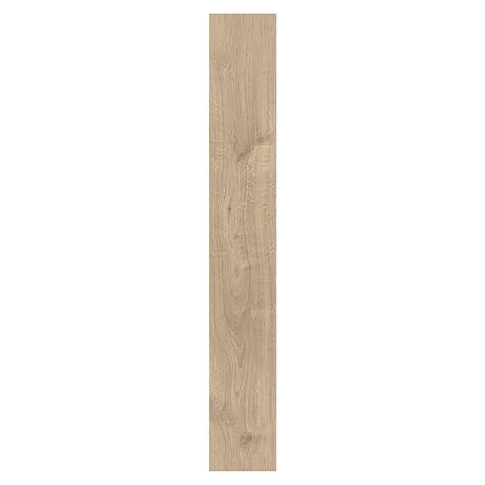 LOGOCLIC Laminatmuster Vinto Eiche Venetia - 296 x 195 x 1 mm, Landhausdiele - Nahaufnahme einer einzelnen, hellbraunen Holzdiele mit einer ausgeprägten Maserung für Bodenbeläge oder Wandverkleidungen.