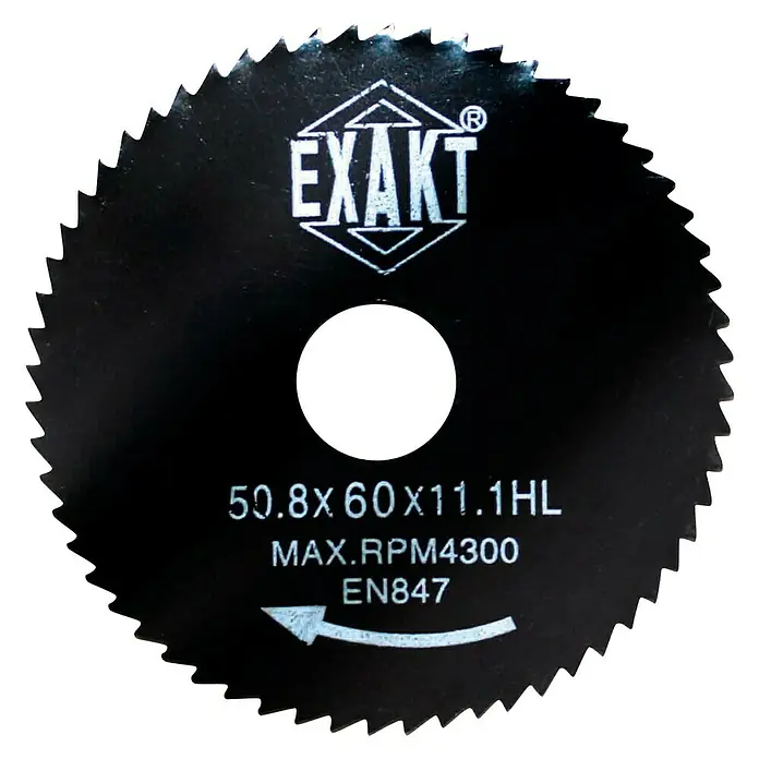 Exakt Kreissägeblatt - 50,8 mm, Bohrung: 20 mm, Anzahl Zähne: 60 Stk. - Schwarzes Exakt Kreissägeblatt mit den Maßen 50,8x60x11,1HL und einer maximalen Drehzahl von 4300 U/min gemäß EN847 Norm.