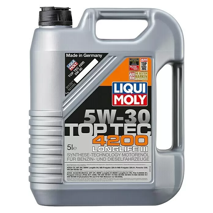 Liqui Moly Aceite para motor Top Tec 4200 - 5 l, 5W-30, C3 - Garrafa de plástico gris de 5 litros de aceite de motor sintético Liqui Moly 5W-30 Top Tec 4200 Longlife III para gasolina y diésel.