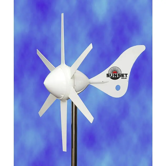 Sunset Windgenerator WG914 - 12 V, Max. Leistung: 300 W - Nahaufnahme einer weißen Sunset Solar Windturbine auf einem Chromständer vor einem blauen Hintergrund.