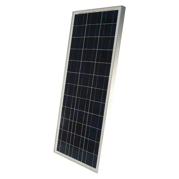 Sunset Solarmodul AS 80 - Nennleistung: 80 W, L x B x H: 120 x 52,6 x 4 cm - Hier ist eine Nahaufnahme eines Solarpanels mit einer silbernen Umrandung. Das Panel ist in viele kleine Zellen unterteilt.