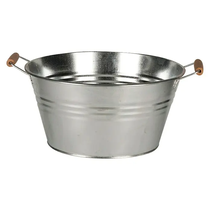 Zinkeimer - Ø x H: 35 x 17,5 cm - Metallwanne mit Holzgriffen. Die Zinkwanne ist ideal als Pflanzgefäß oder als Behälter für Getränke. Die ovale Wanne ist rustikal und dekorativ.