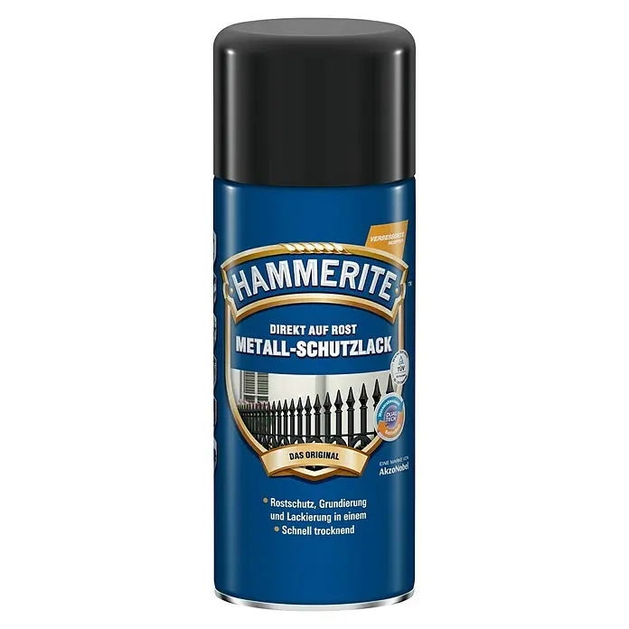 Hammerite Metall-Schutzlack Hammerschlag - Schwarz, 400 ml, Glänzend, Lösemittelbasiert - Dose Hammerite Metall-Schutzlack, Direkt auf Rost, Rostschutz, Grundierung und Lackierung in einem, Schnell trocknend.