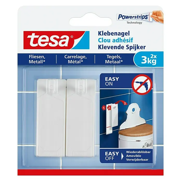 Tesa Klebenagel - Geeignet für: Fliesen, Belastbarkeit: 3 kg, 2 Stk., Weiß - Abgebildet ist eine Tesa Klebenagel-Verpackung. Das Produkt ermöglicht eine einfache Befestigung ohne Bohren auf Fliesen und Metall.