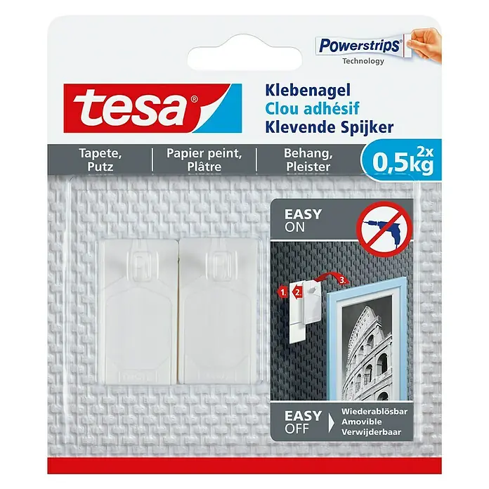 Tesa Klebenagel - Geeignet für: Tapeten, Belastbarkeit: 0,5 kg, 2 Stk., Weiß - Tesa Klebenägel für Tapeten und Putzflächen, ideal zum Aufhängen von Bildern und Dekorationen bis zu 0,5kg, ohne Bohren.