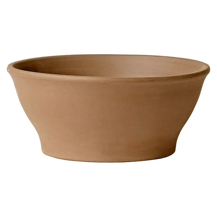 Deroma Moka Garden Recipiente para plantas redondo Ciotola Liscia - Dimensiones externas (Ø x Al): 23 x 11,5 cm, Materiales naturales, Grafito - Un cuenco de terracota con lados ligeramente inclinados y un borde sutil, ideal como macetero o pieza decorativa.