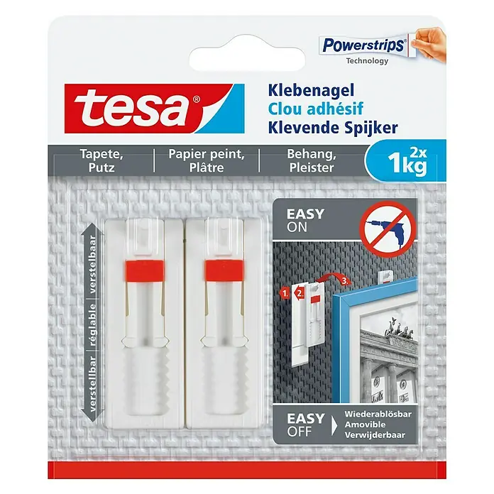 Tesa Verstellbarer Klebenagel - Geeignet für: Tapeten, Belastbarkeit: 1 kg, 2 Stk., Weiß - Bild von Tesa Klebenägeln, die eine einfache und rückstandsfreie Befestigung ohne Bohren ermöglichen, ideal für Tapeten und Putz.