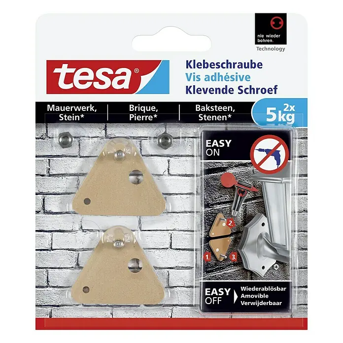 Tesa Klebeschraube - Geeignet für: Mauerwerk, Belastbarkeit: 5 kg, 2 Stk., Dreieckig - Tesa Klebeschrauben für Mauerwerk, Stein, Brique, Pierre, Baksteen und Stenen mit einer Tragkraft von 5 kg.