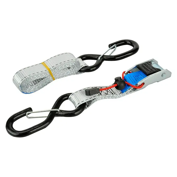 MasterLock Zurrgurt - 1,8 m x 25 mm, Zurrkraft: 250 kg, 2 Stk. - Zwei Spanngurte mit schwarzen Haken und einem Ratschenmechanismus zum sicheren Verzurren von Lasten.