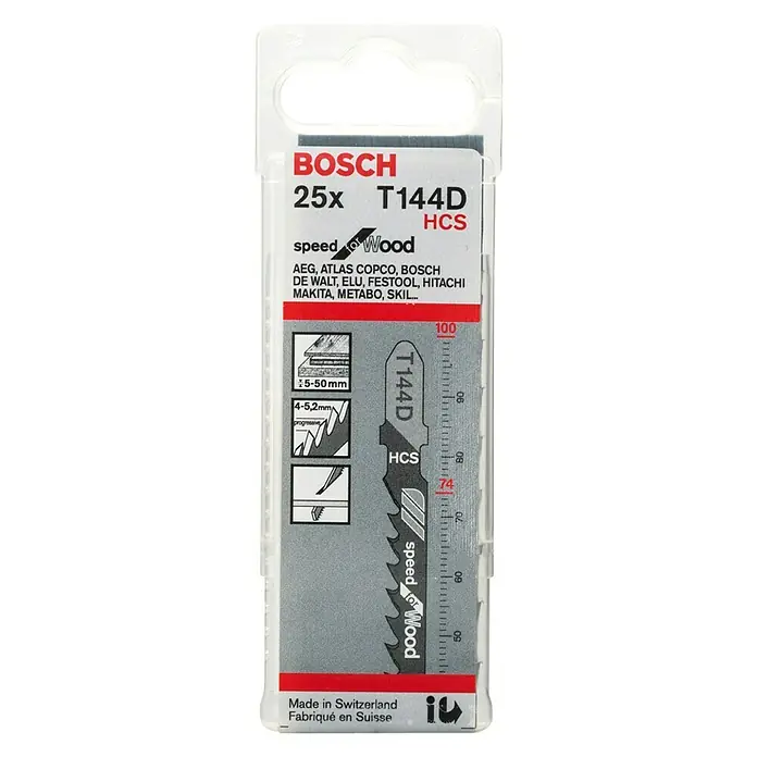 Bosch Stichsägeblätter T 144 D - Weichholz/Faserplatte, T-Schaft - Bild einer Packung Bosch T144D Stichsägeblätter für Holz, 25 Stück, Speed for Wood, mit HCS-Technologie für schnelles Sägen.