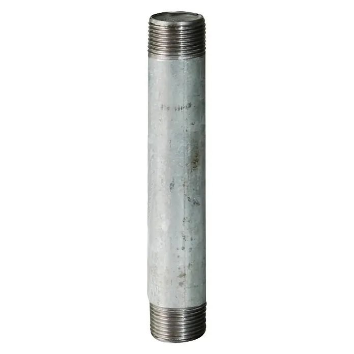 Rohrnippel - ¾″, Länge: 400 mm, Verzinkt - Bild einer verzinkten Stahlrohrmuffe mit Gewindeenden, die für Sanitär- oder Bauanwendungen geeignet ist.