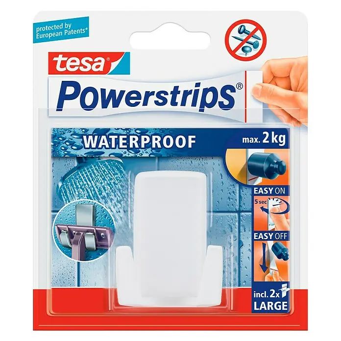 Tesa Powerstrips Waterproof Rasierhalter - Kunststoff, Weiß - Tesa Powerstrips Waterproof Klebehaken für Badezimmer mit einer maximalen Tragkraft von 2 kg. Einfache Anbringung und Entfernung.