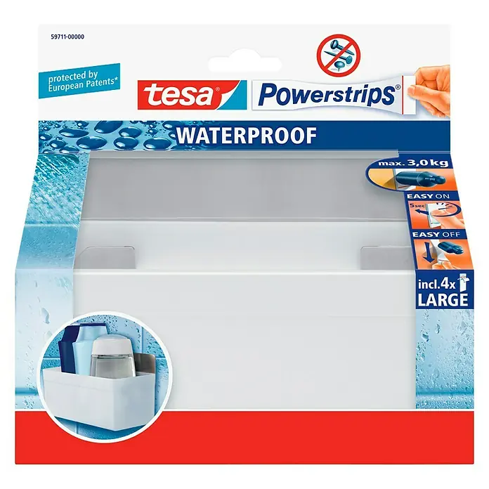 Tesa Powerstrips Waterproof Duschablage - Edelstahl, Weiß - Tesa Powerstrips Waterproof Duschregal zur einfachen Montage ohne Bohren, ideal für Badutensilien bis 3 kg, inklusive 4 großen Klebestreifen.