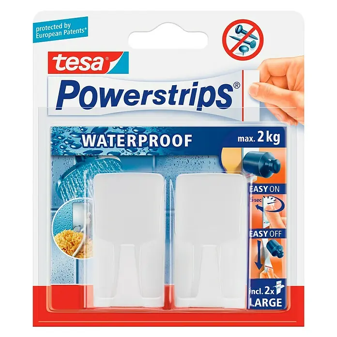 Tesa Powerstrips Waterproof Wandhaken - 2 Stk., Kunststoff, Weiß - Abbildung der Tesa Powerstrips Waterproof, die eine maximale Belastung von 2 kg tragen können und sich leicht anbringen und entfernen lassen.