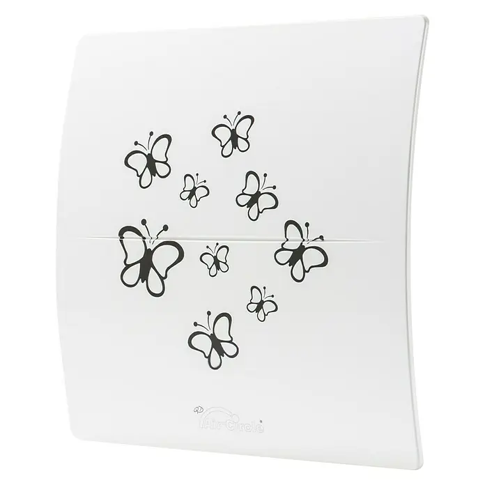 Air-Circle Designblende - Dream, Passend für: Ventilator Premium 100 - Wandventilator mit Schmetterlingsdesign. Der Ventilator ist weiß und hat ein elegantes und verspieltes Aussehen mit schwarzen Schmetterlingen.