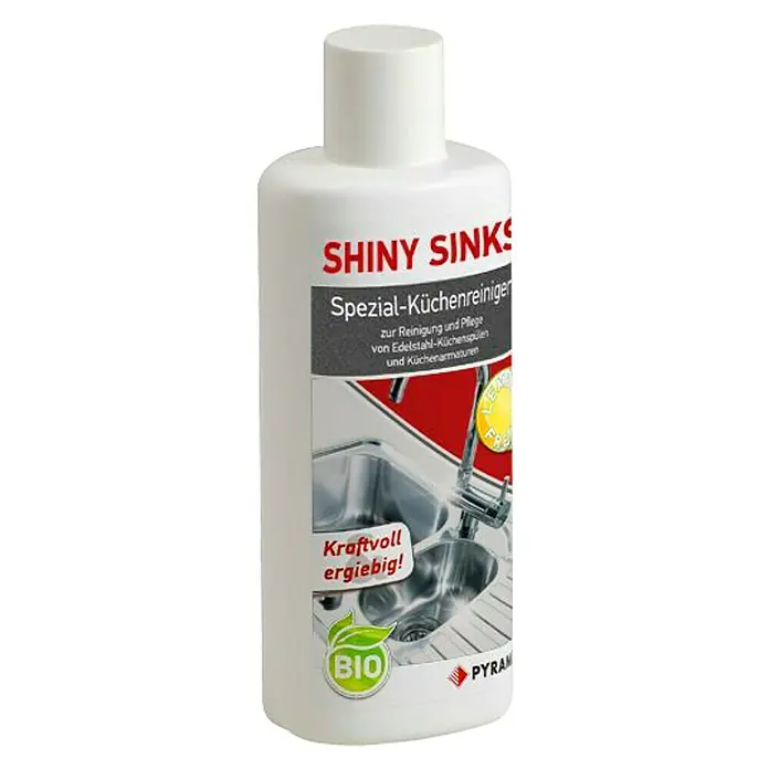 Pyramis Spülenpflege Shiny Sinks - 200 ml, Edelstahlspülbecken - Bild einer Flasche Shiny Sinks Spezial-Küchenreiniger für Edelstahlspülen und Küchenarmaturen mit Bio-Siegel und dem Hinweis "Kraftvoll ergiebig!".