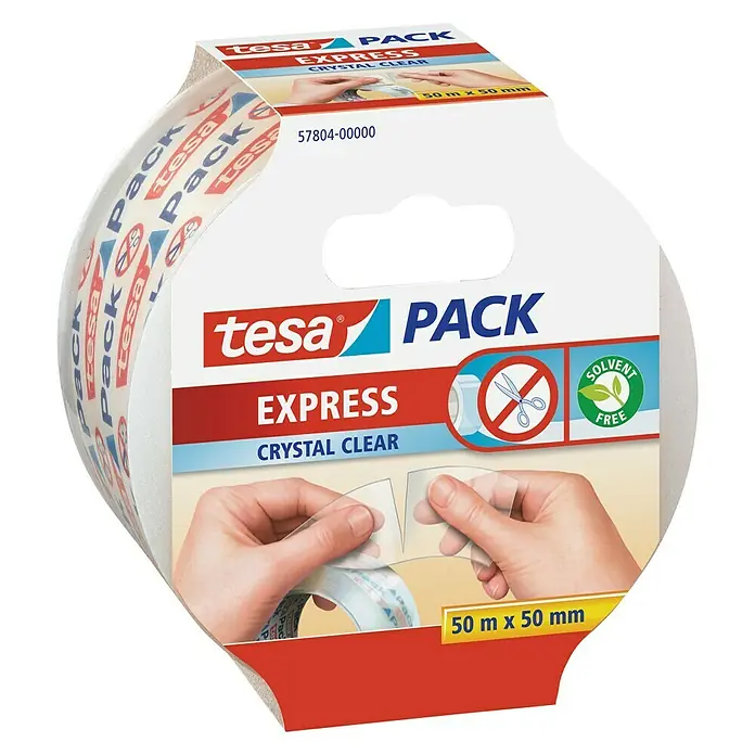Tesa Pack Klebeband Express - Kristallklar, L x B: 50 m x 50 mm - Nahaufnahme einer Tesa Pack Express Crystal Clear Verpackung.