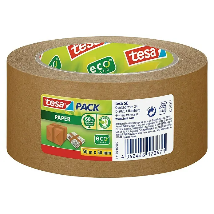 Tesa Pack Cinta de embalaje Eco Papier - 50 mm x 50 m, Marrón - Foto de un rollo de cinta adhesiva de papel Tesa Pack. Esta cinta de embalaje ecológica es ideal para empaquetar paquetes de forma fácil y segura.