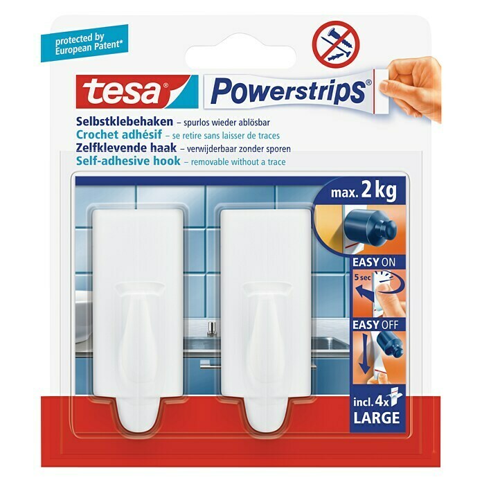 Tesa Powerstrips Zelfklevende haak (Trend, Grootte: L, Wit, 2 stk.)