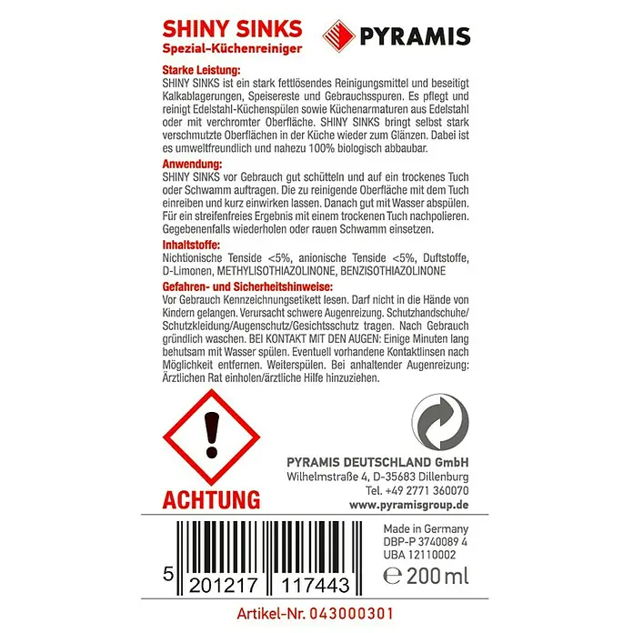 Pyramis Spülenpflege Shiny Sinks - 200 ml, Edelstahlspülbecken - Bild einer SHINY SINKS Spezial-Küchenreiniger-Flasche von PYRAMIS, einem fettlösenden und umweltfreundlichen Produkt für glänzende Küchenoberflächen.