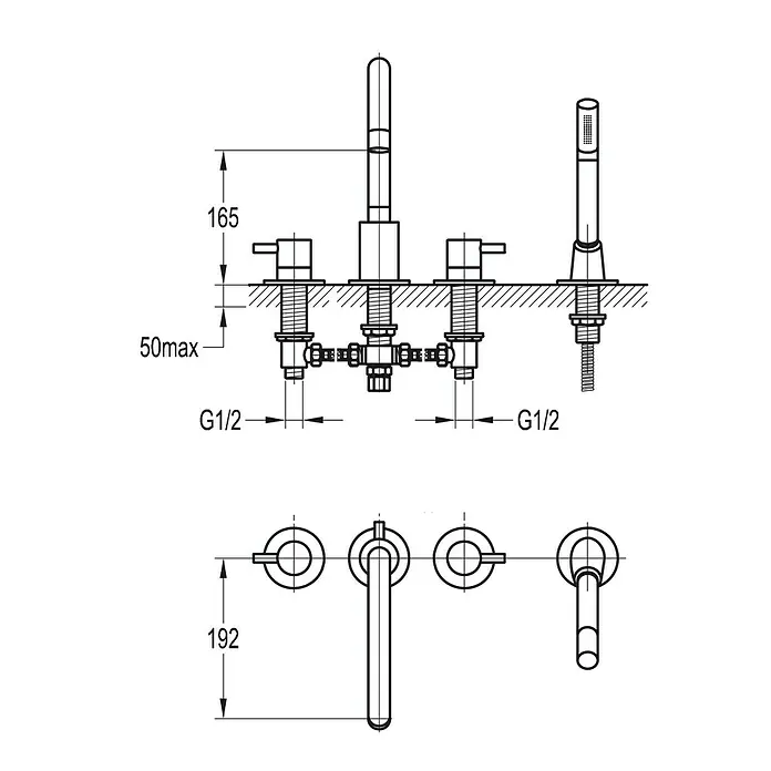 Ottofond Badewannenrandarmatur Q 10000 - Chrom, Glänzend - Technische Zeichnung einer Armatur für Waschbecken mit Maßen und Anschlüssen.