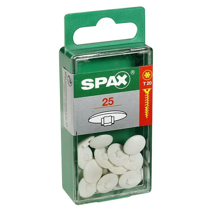 Spax Abdeckkappe - TX 20, Weiß, 25 Stk. - Eine Packung Spax Schraubenabdeckkappen in Weiß, verpackt in einer grünen und transparenten Kunststoffbox mit Aufhänger.