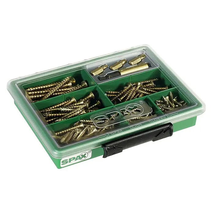 Spax Surtido de tornillos multiuso S - 199 pzs. - Una caja de surtido verde de SPAX, llena de tornillos y puntas, que muestra una selección organizada de componentes de fijación.