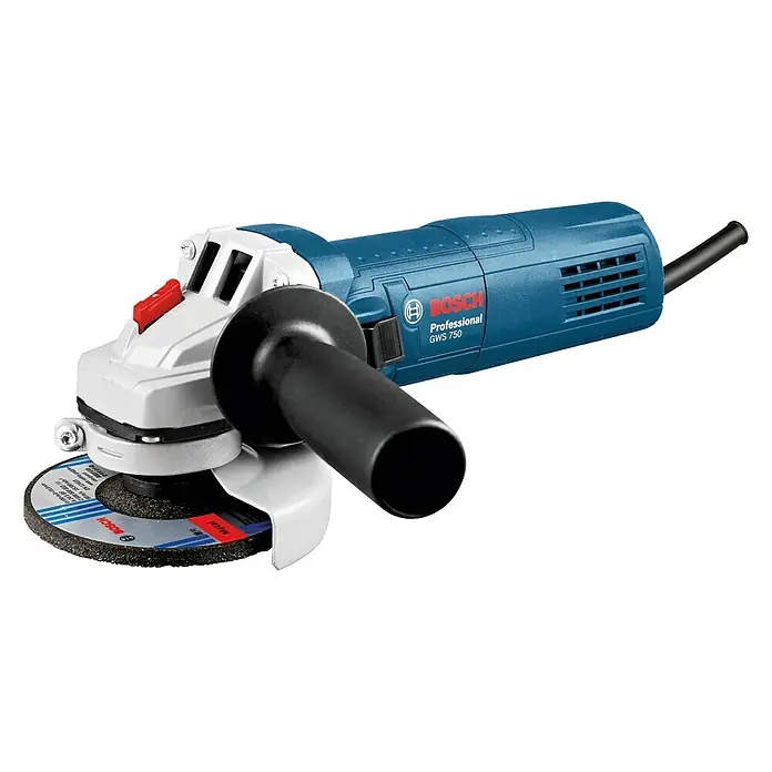 Bosch Professional Amoladora angular eléctrica GWS 750 - 115 mm, Número de revoluciones de marcha en vacío: 11.000 r.p.m. - Se muestra una amoladora angular azul Bosch GWS 750 con un disco de rectificado y mango auxiliar negro.