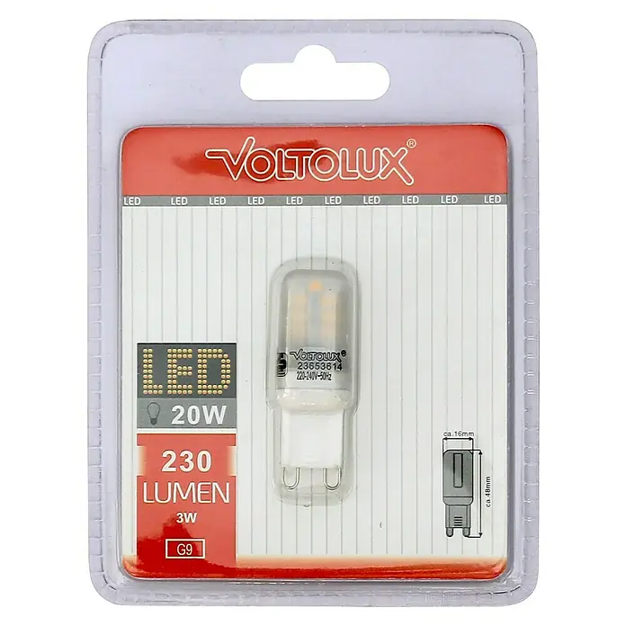 Voltolux LED-Lampe Pin G9 - G9, Nicht Dimmbar, Warmweiß, 230 lm, 3 W - Eine VOLTOLUX G9 LED-Lampe mit 3W, 230 Lumen und 220-240V/50Hz in einer transparenten Verpackung. Ideal für energieeffiziente Beleuchtung.