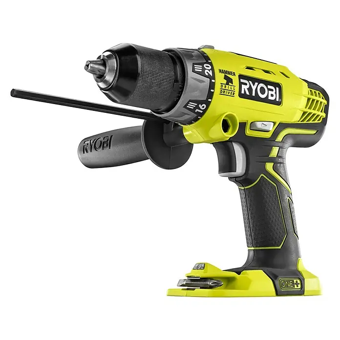 Ryobi ONE+ Taladro atornillador percutor de batería R18PD-0 - 18 V, Sin batería, 50 Nm - Taladro inalámbrico Ryobi con carcasa amarilla y mango negro para proyectos de bricolaje y construcción.