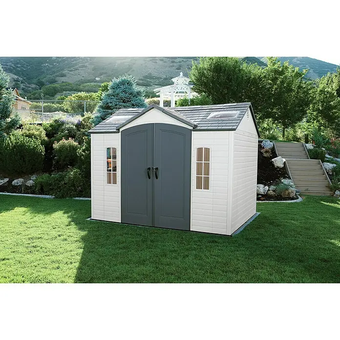 Lifetime Gerätehaus Sky - Außenbreite inkl. Dachüberstand: 240 cm, Außentiefe inkl. Dachüberstand: 305 cm, Stahl, Lichtgrau/Anthrazit - Gartenhaus mit Doppeltür und Fenstern, ideal für die Aufbewahrung von Gartengeräten. Robuste Konstruktion, wetterfest und langlebig.