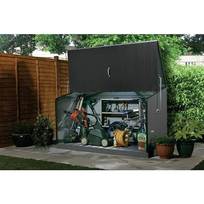 Trimetals Garten-Aufbewahrungsbox Storeguard - Anthrazit, Stahl - Geräumiger, abschließbarer Metall-Gartenschrank zur sicheren Aufbewahrung von Gartengeräten, Werkzeugen und Fahrrädern im Außenbereich.