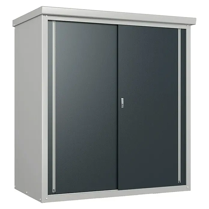 Trimetals Geräteschrank Guardian D63 - Außenbreite inkl. Dachüberstand: 176 cm, Außentiefe inkl. Dachüberstand: 89 cm, Stahl, Lichtgrau - Ein geräumiger Metallschrank mit Schiebetüren, ideal für die Aufbewahrung im Haus, Garage oder Garten, bietet viel Stauraum.
