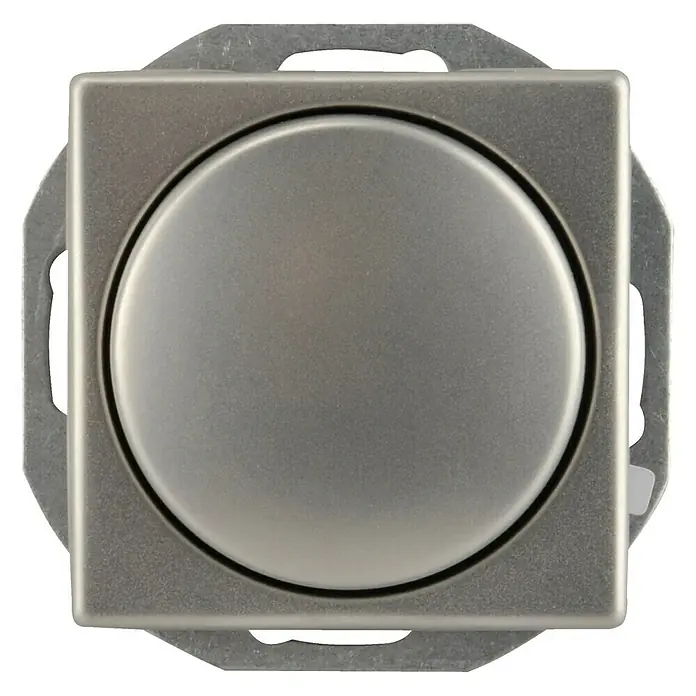 Voltomat FERA LED-Dimmer - Edelstahl, Edelstahl - Nahaufnahme eines silberfarbenen, runden Lichtschalters mit quadratischer Blende.