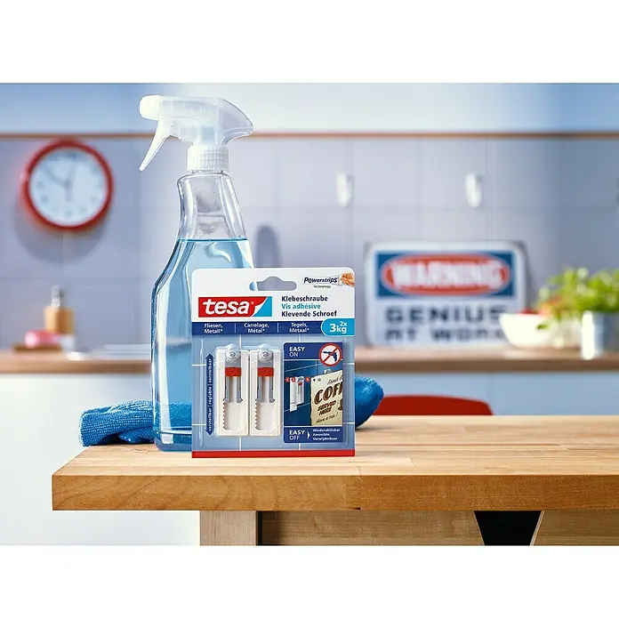 Tesa Verstellbare Klebeschraube - Geeignet für: Fliesen, Belastbarkeit: 3 kg, 2 Stk., Weiß - Produktfoto der Tesa Klebeschraube, einer innovativen Lösung für die Befestigung ohne Bohren, ideal für Fliesen und Metalloberflächen.